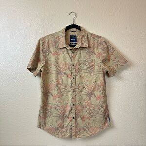Prana Tan Short Sleeve Button-Down Shirt with Coral Botanical Print